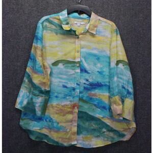 Chico’s 3 No-Iron Linen Painted Art Button Up Top 3/4 Sleeve‎ Multicolor XL